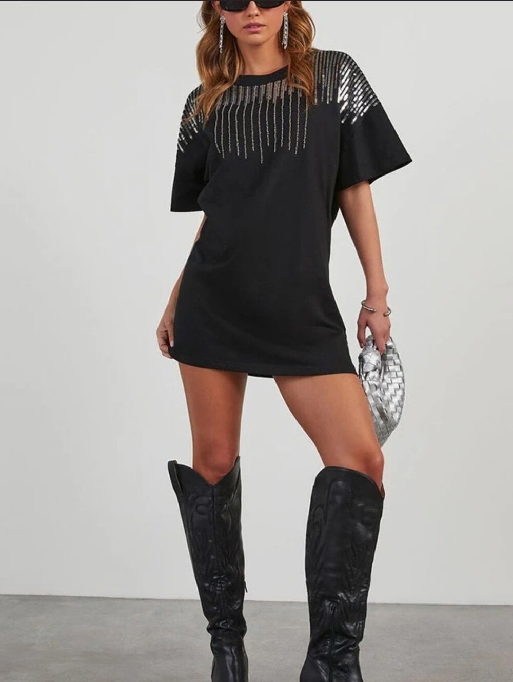 BaeVely Womens Black Sequin Oversized T-shirt Dress Size Small